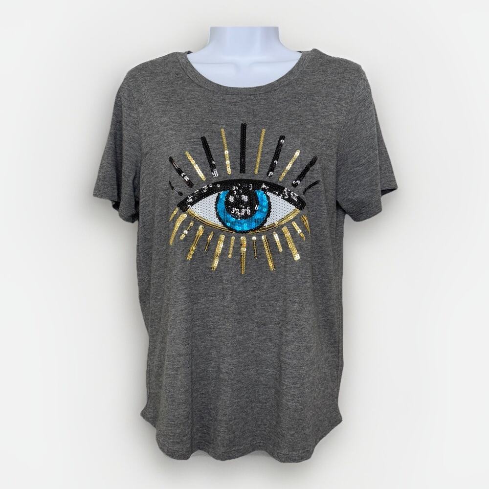 South‎ Parade Sequin Evil Eye Shirt Womens XS Gray Boho Pima Cotton Made In Peru